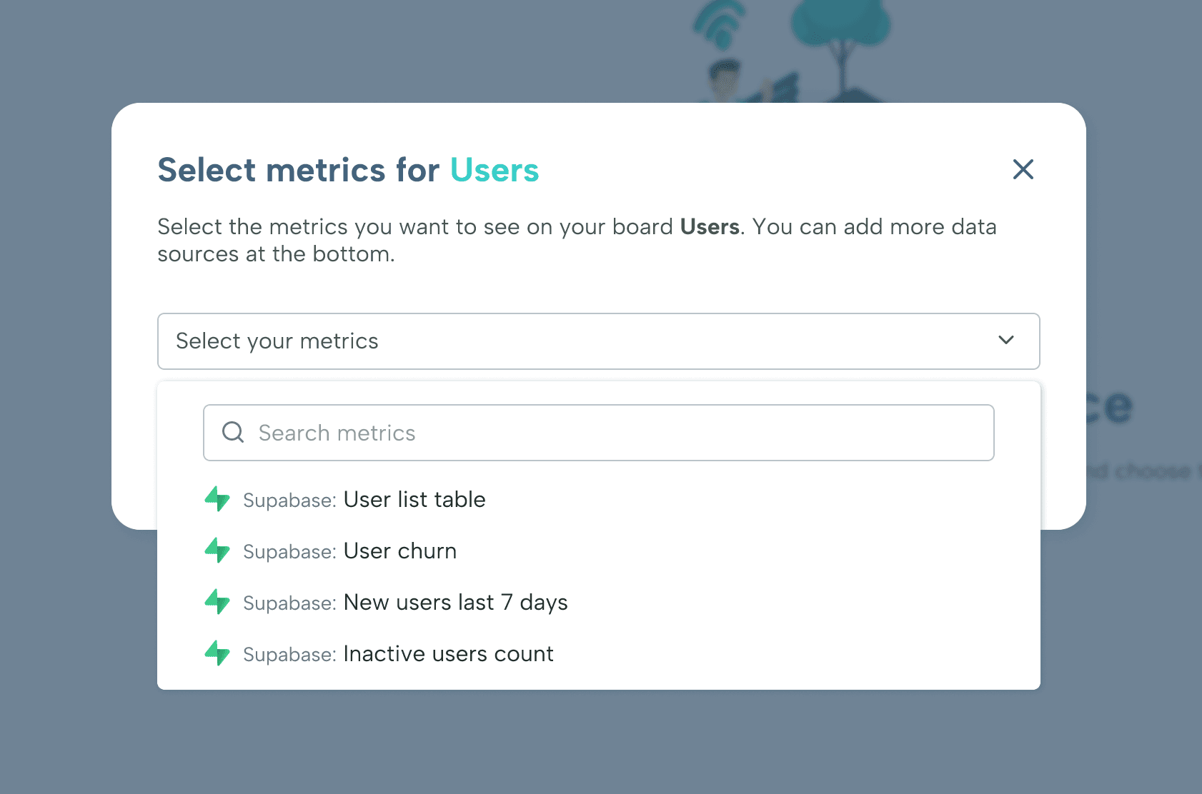 Marketing dashboards Supabase metrics